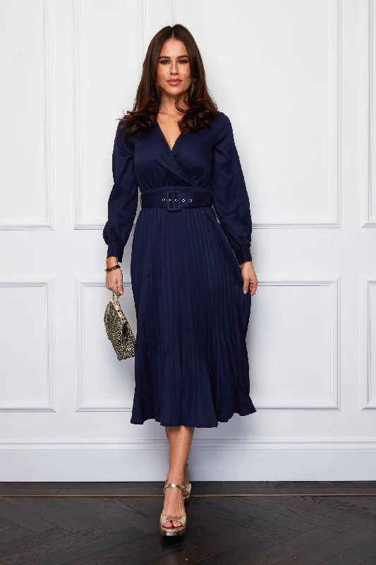 cocktail dressHeidi Navy Pleated Skirt Belted Midi Dress