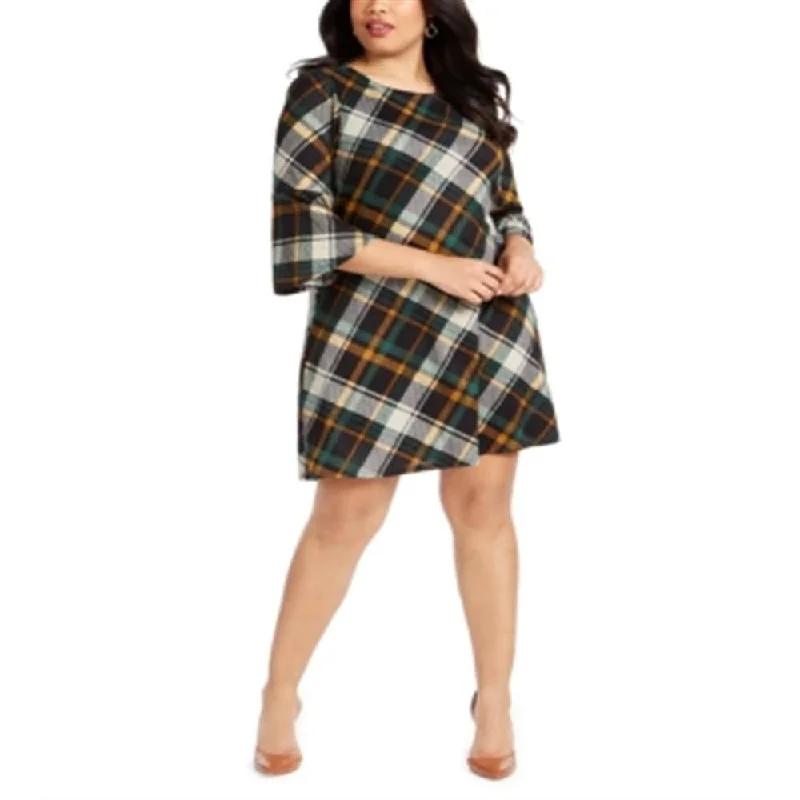 Limited Time Discount Jessica Howard Women's Plaid 3/4 Sleeve Jewel Neck Short a Line Dress Green Size 2XL