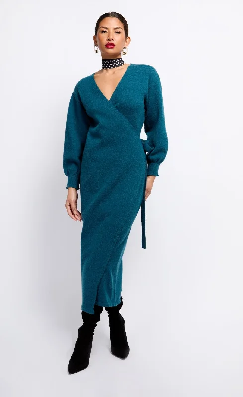 Online Only Petrol Knit Midaxi Wrap Dress by Vogue Williams