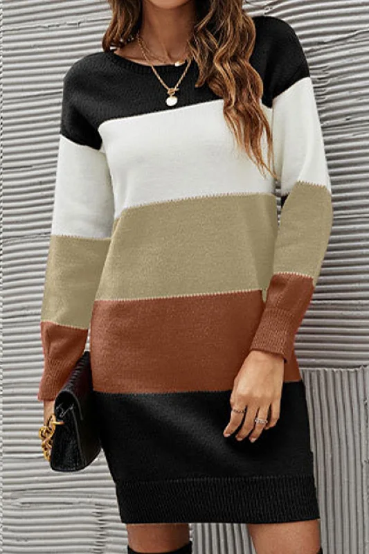 casual knit dressWOMEN COLOR BLOCKED KNIT MID DRESS