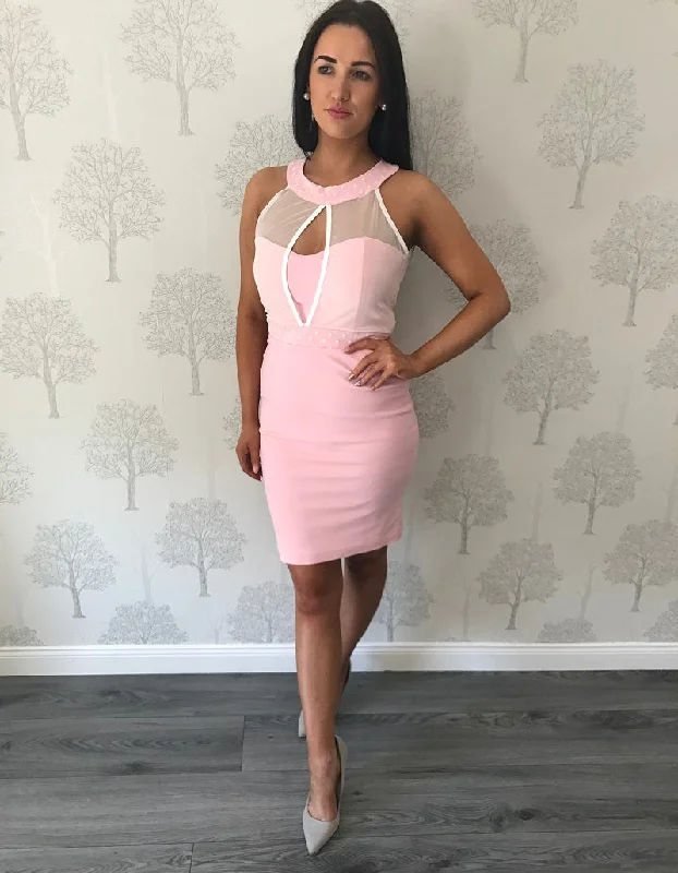 one-shoulder dressSoft Pink High Neck Mesh Style Knee Length Dress