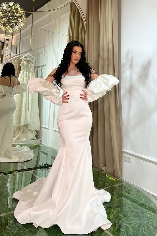 Flash Deals pleated dressWhite Strapless Mermaid Prom Dress Lace-Up Back With Detachable Sleeves,DP874