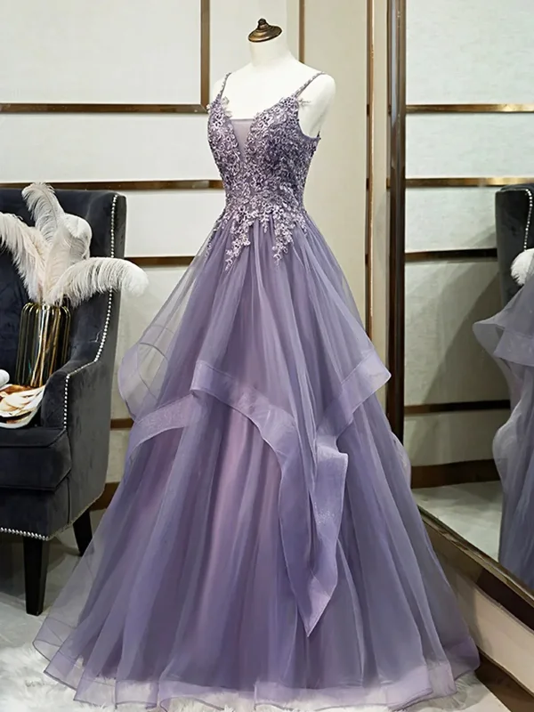 Discount Extravaganza elegant shift dressPurple A-Line Tulle Appliques Long Prom Party Dress with Beading,DP1004
