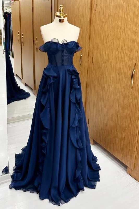 elegant evening dressNavy Blue Strapless A-Line Ruffles Formal Long Prom Dress, DP2568