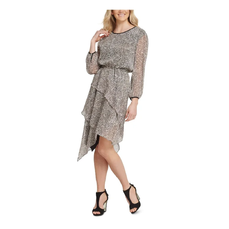 Exclusive Savings DKNY Women's Animal Print Long Sleeve Jewel Neck Knee Length Fit and Flare Dress Beige Size XL