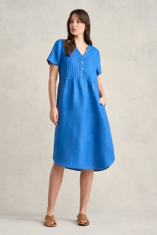 office dressPleated Front French Linen Dress - Indigo Blue