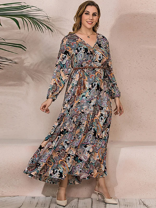 sleek midi dressKittenAlarm - Plus Size Oversize Paisley Print Ruffled Hem Longline Dress with Waist Belt