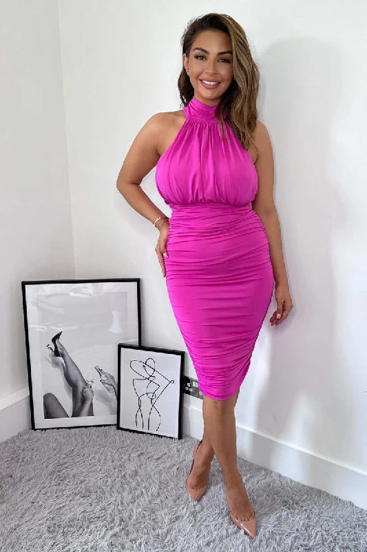 backless dressFaith Cerise Pink Ruched High Neck Midi Dress