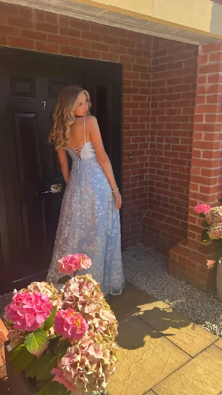 Super Sale pleated dressSweet Light Blue A-Line Lace Appliques Long Prom Dress,DP817
