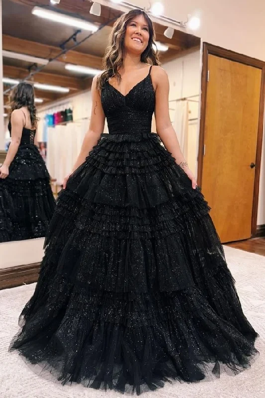 off-shoulder dressSparkly Black V Neck Tulle Tiered Long Prom Dress Evening Gown,DP1755