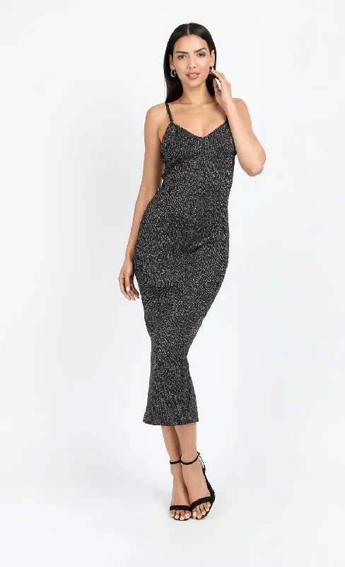 Major Savings Black Metallic Knit Ribbed Midi Dress by Chloe Lewis