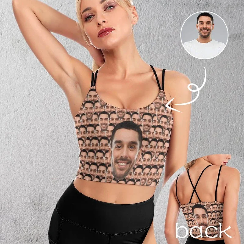 Price Meltdown Custom Husband Face Seamless Tops Personalized Women's All Over Print Strappy Longline Yoga Sports Bra