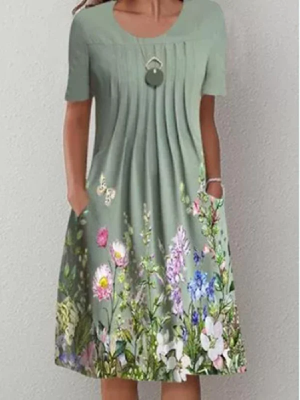 wool dressCasual Floral Round Neck Mid-length Straight Dress