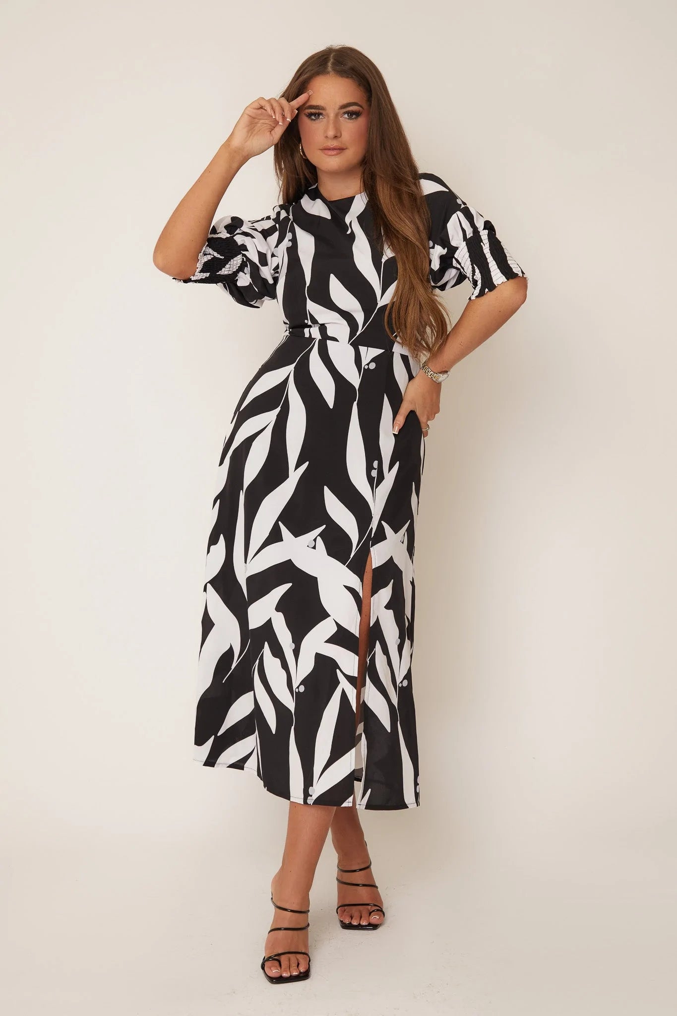 luxury dressBrogan Black White Floral Print Midi Dress