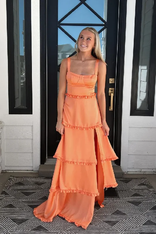 trendy mini dressOrange A-Line Satin Layers Long Prom Dress with Slit, DP2571