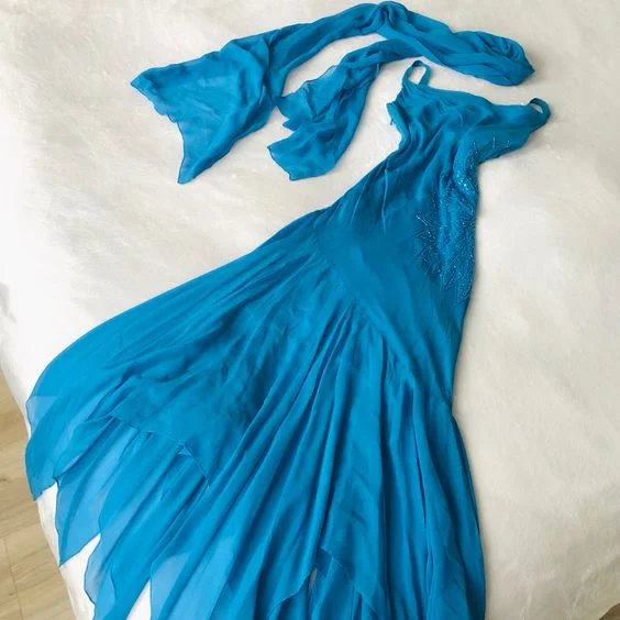 boho dressCharming Blue Straps Chiffon Ruffles Vintage Long Party Dress, DP2526