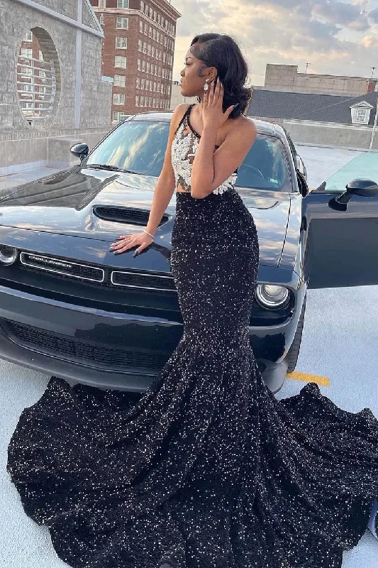 lace dressBlack Girl One Shoulder Sleeveless Mermaid Prom Dress With Sequins Beadings, DP2651