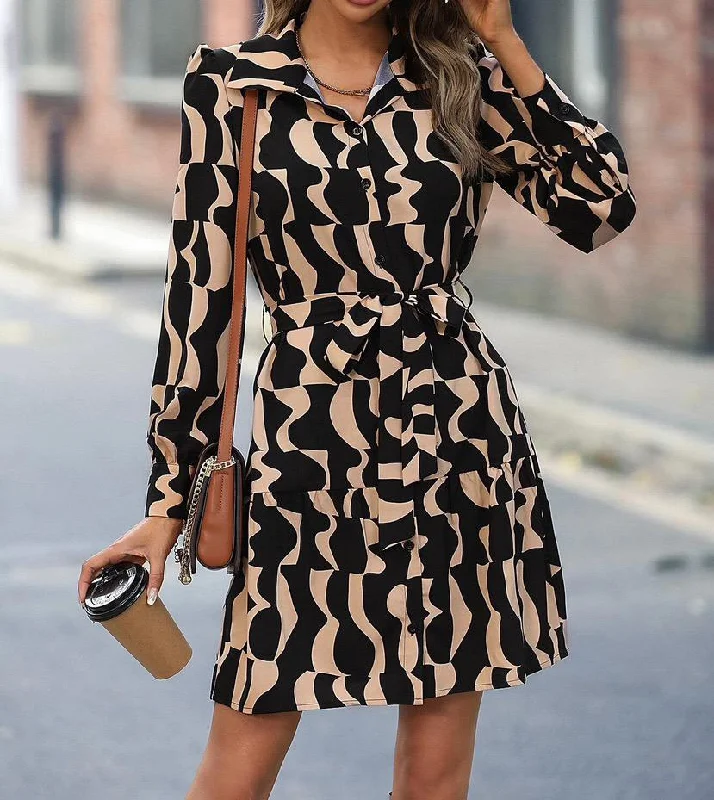 flowy evening dressGeorgia Black and Camel Geo Print Button Dress