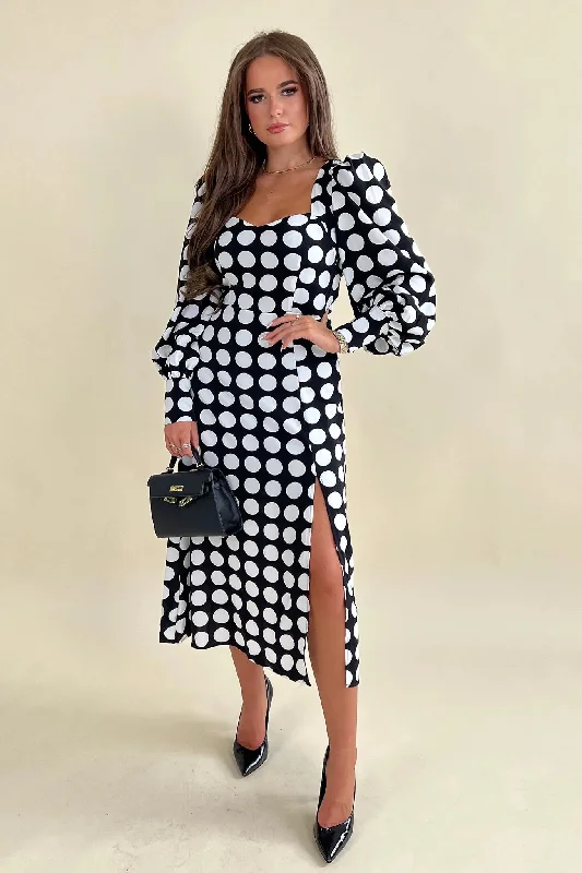 elegant maxi dressKarl Polka Dot Sweetheart Long Sleeve Midi Dress