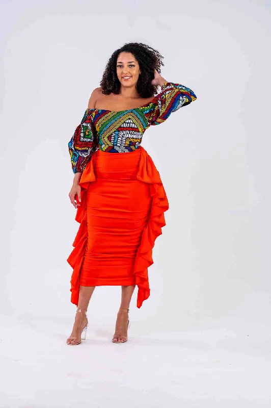 Unmissable Offer summer dressAarah Ankara Midi Dress with Side ruffle | Red African Print