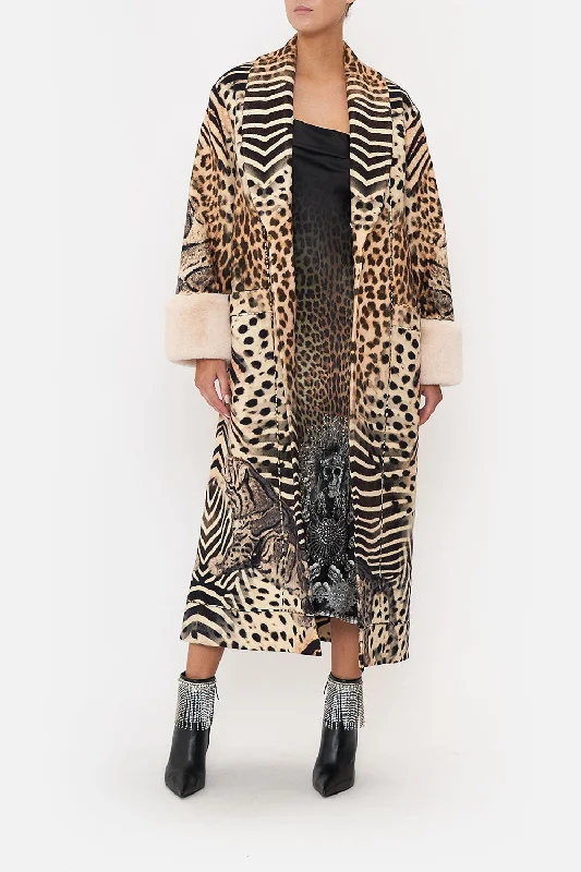 Take Advantage COAT WITH FAUX FUR TRIM AND BELT FOR THE LOVE OF LEO