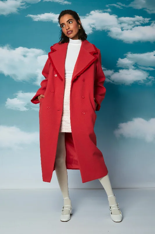 Deal Dash Maeve Ruffle Edge Longline Cocoon Coat in Pink / Red