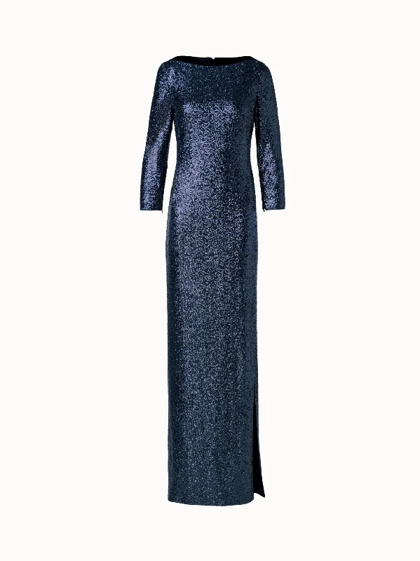 casual evening dressLong Sequins Jersey Evening Gown with Long Sleeves