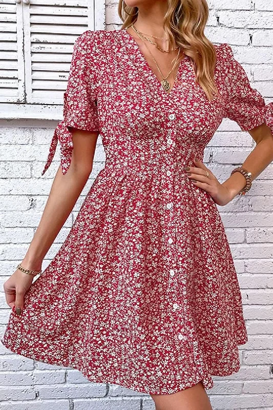 knit dressFLORAL TIED SLEEVE BUTTON UP SLIM SHORT DRESS