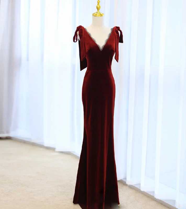 Savings Alert wool dressRed V Neck Velvet Mermaid Long Prom Dress Formal Party Dress,DP1059