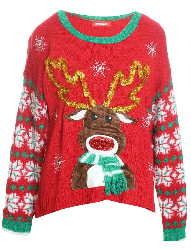 Deal Zone Reindeer Design Red & Green Knit Christmas Jumper - L