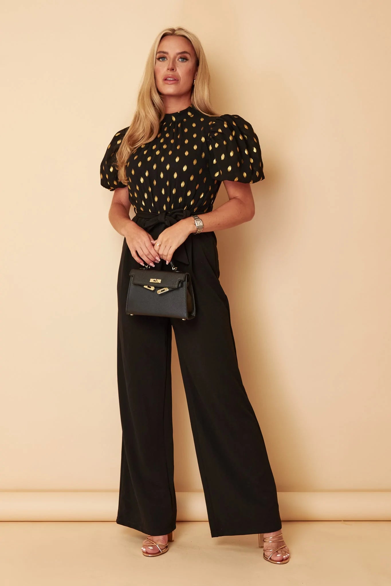 party-ready dressPippa Black and Gold Foil Belted Jumpsuit