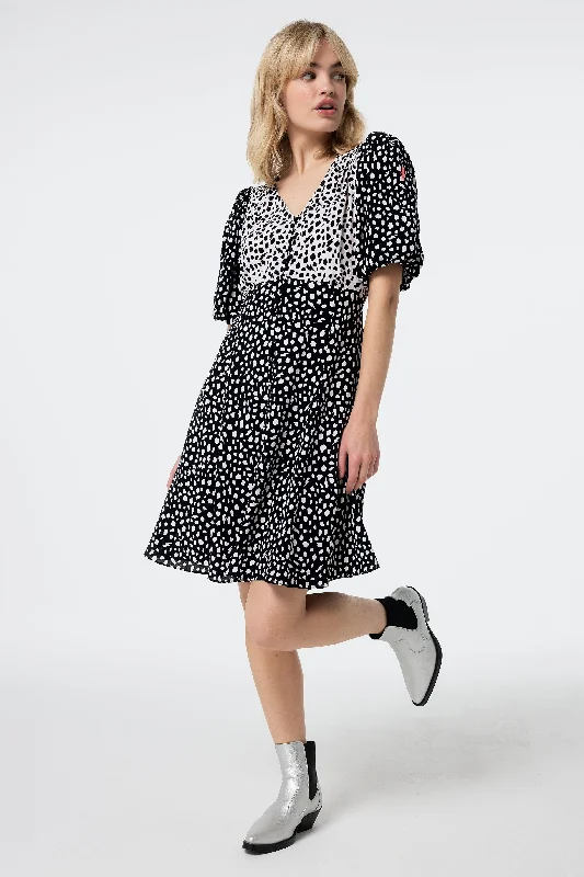 satin midi dressWhite with Black Mix Cheetah Puff Sleeve Short Tea Dress