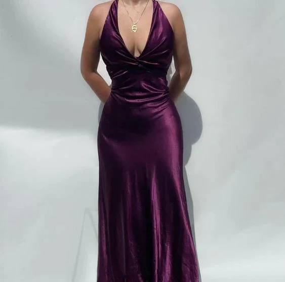 velvet dressElegant Dark Purple V Neck Halter Vintage Prom Dress, DP2276