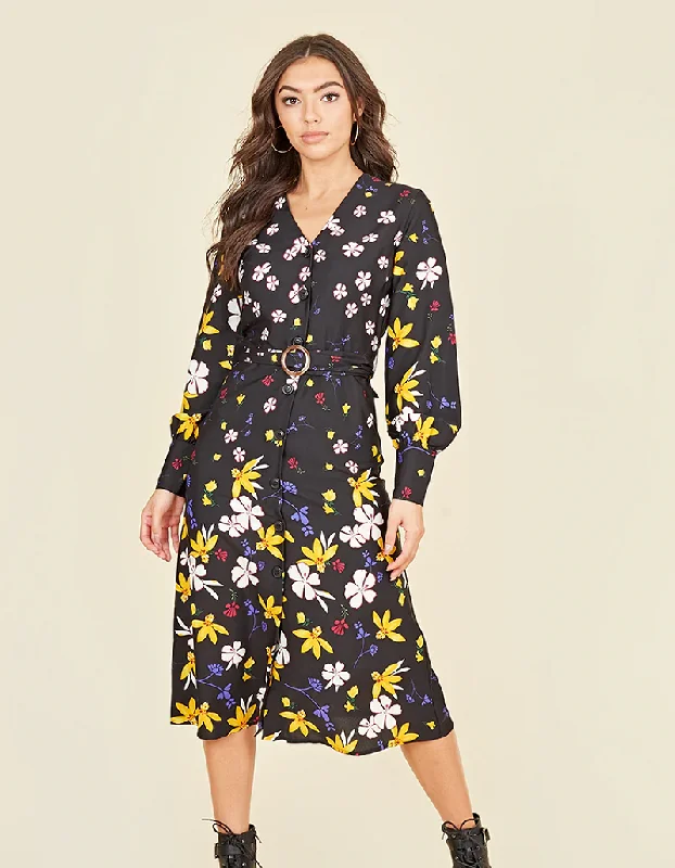 satin dressLydia Multi Floral Button Front Belted Midi Dress