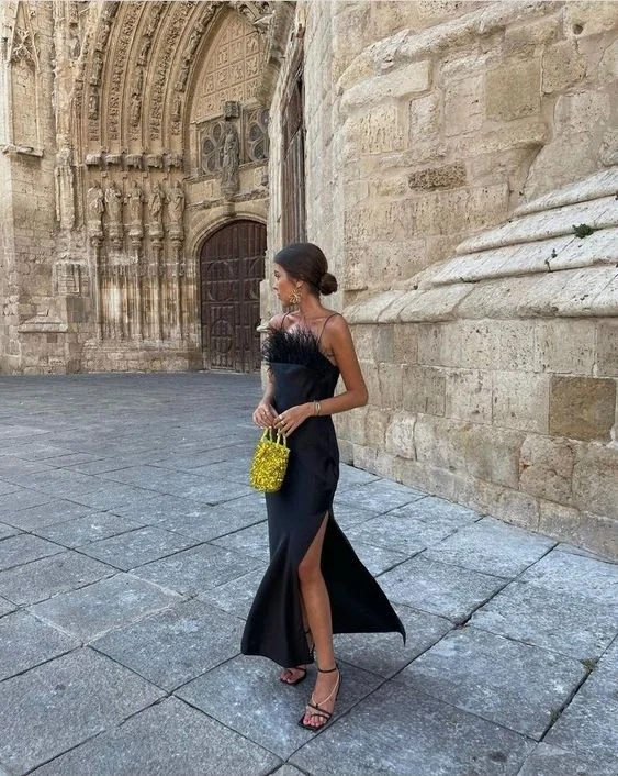 Best Seller fitted dressBlack Spaghetti Straps Slit Long Prom Dress with Feather,DP860 Best Seller fitted dressBlack Spaghetti Straps Slit Long Prom Dress with Feather,DP860