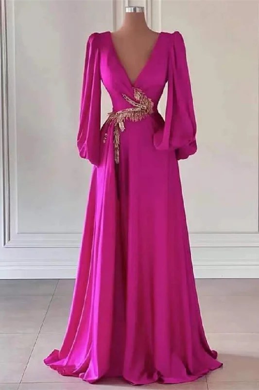 Extra Savings fitted cocktail dressFuchsia Dark V-Neck A-Line Long Sleeves Prom Dress With Embellishment,DP870