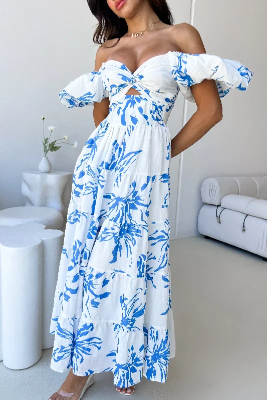 summer floral dressROSA DRESS - WHITE / BLUE