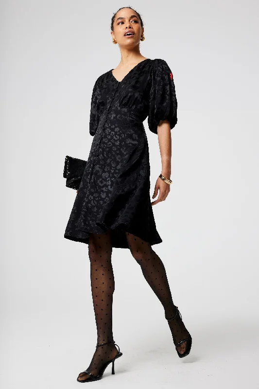 ruffle dressBlack Jacquard Leopard Puff Sleeve Short Tea Dress