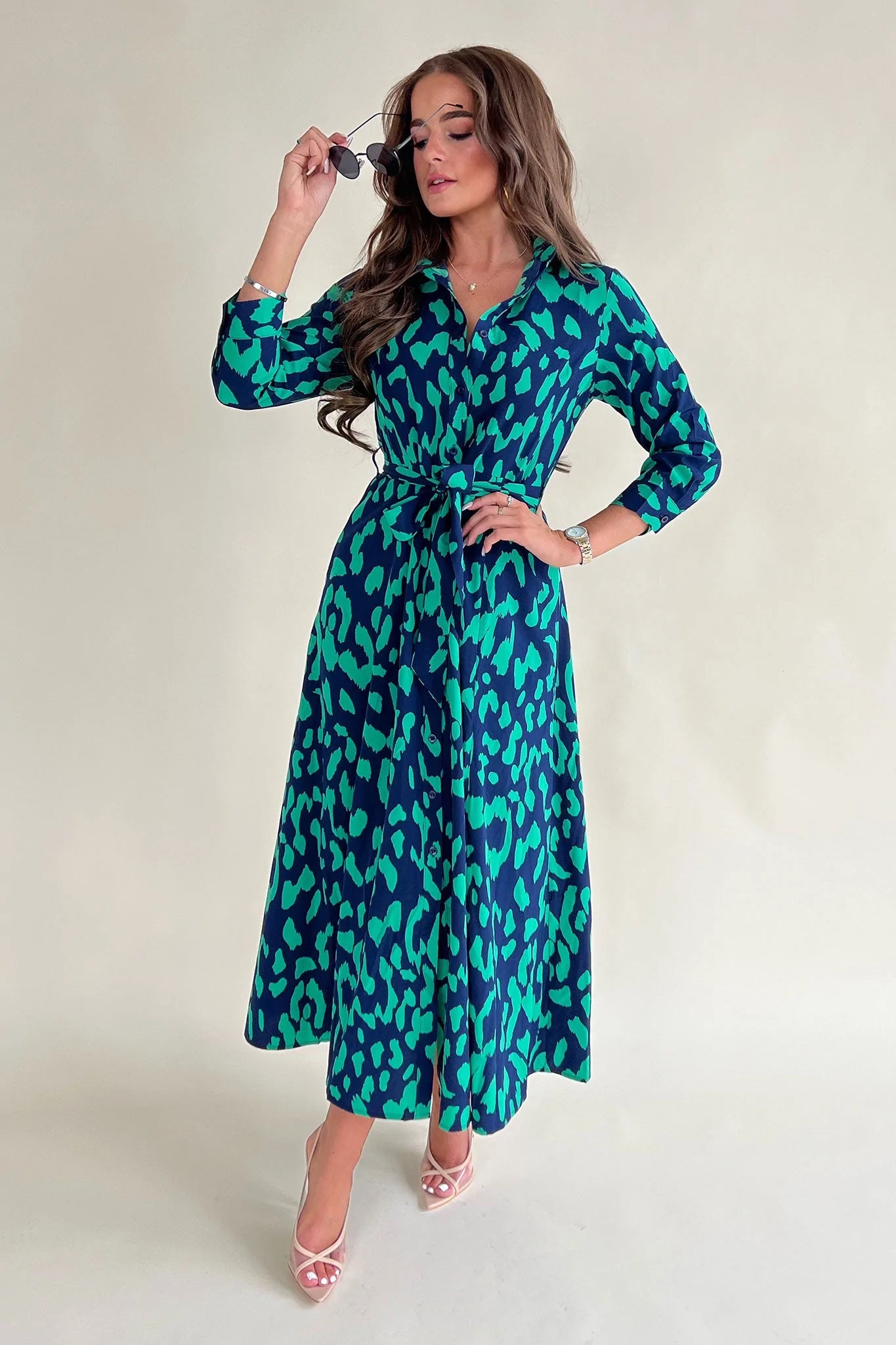 structured dressBreanna Navy Green Print Shirt Pocket Maxi Dress