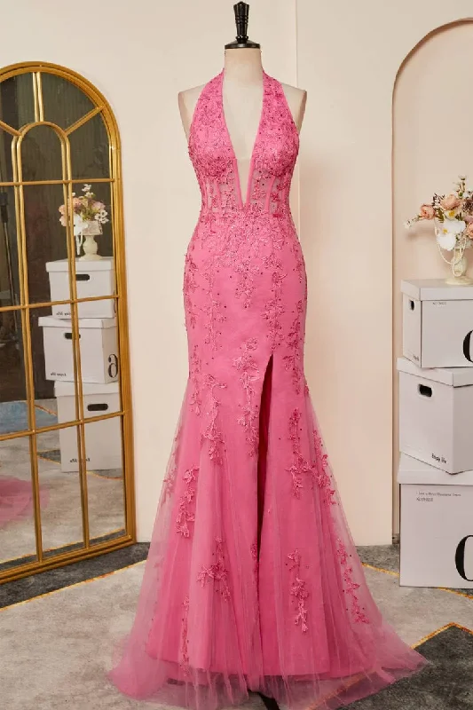 Limited Edition elegant shift dressHot Pink Halter Lace Long Prom Dress Mermaid Formal Dress with Appliques,DP892