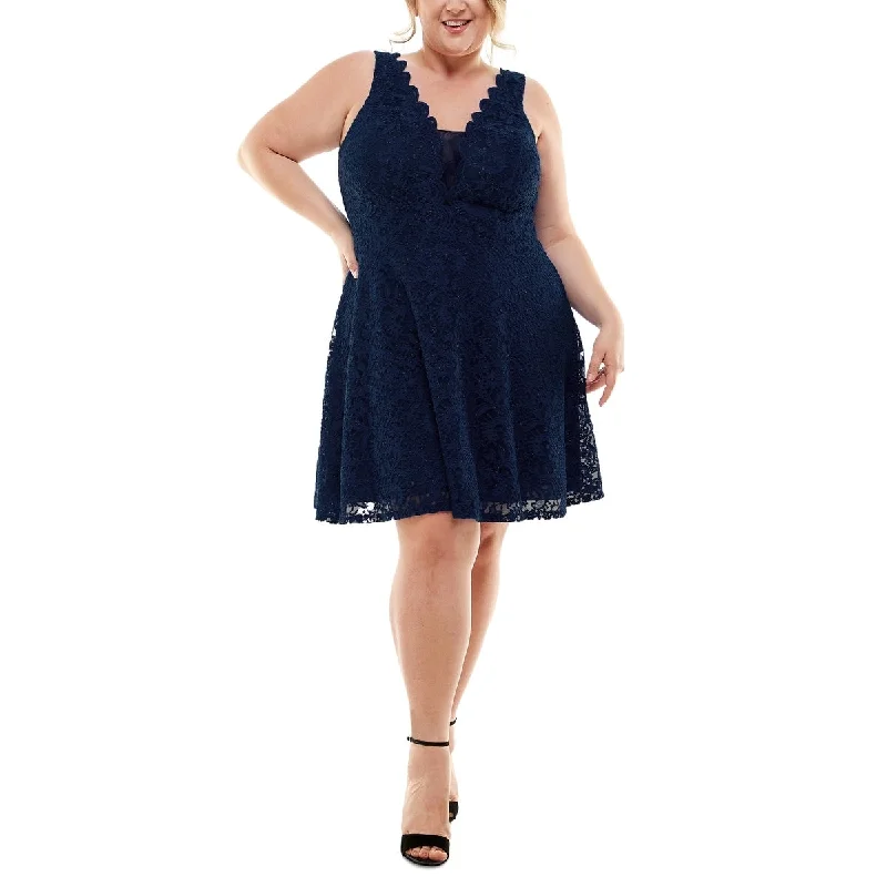 Blowout Sale City Studio Women's Plus Lace Knee Length Fit & Flare Dress Blue Size 16W