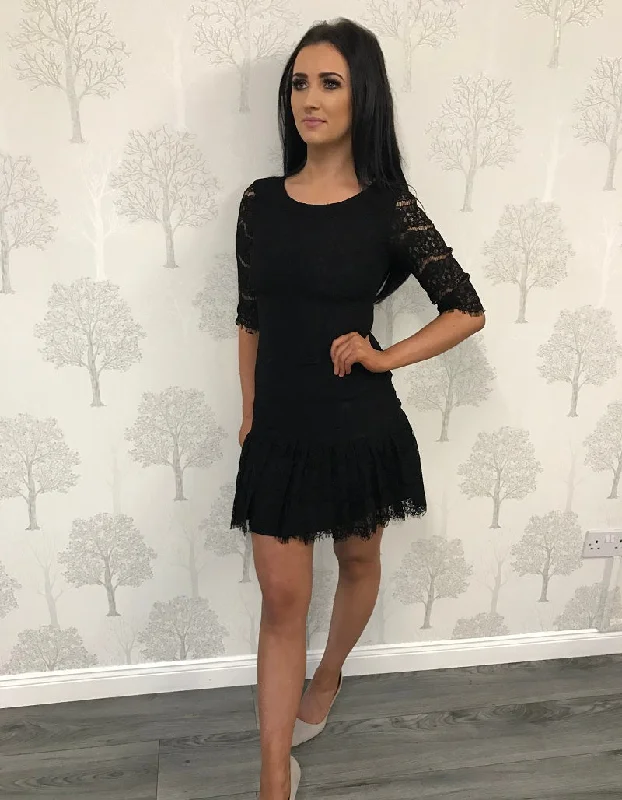 luxury dressBlack 3/4 Sleeve Lace Frill Hem Dress