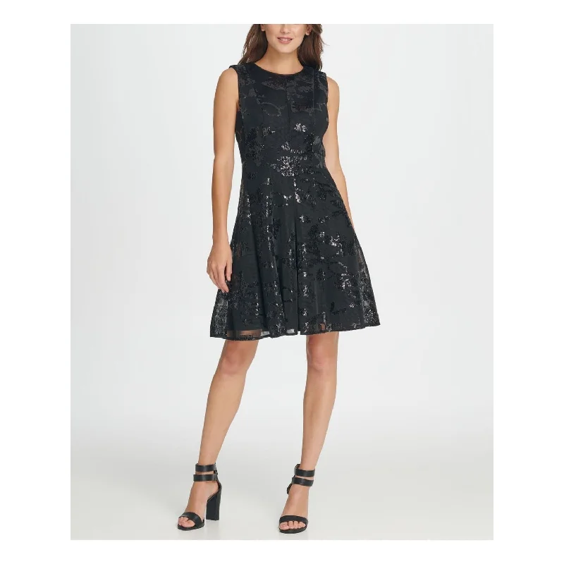 Best Bargains DKNY Women's Sequined Zippered Sleeveless Jewel Neck Short Fit Flare Party Dress Black Size 12