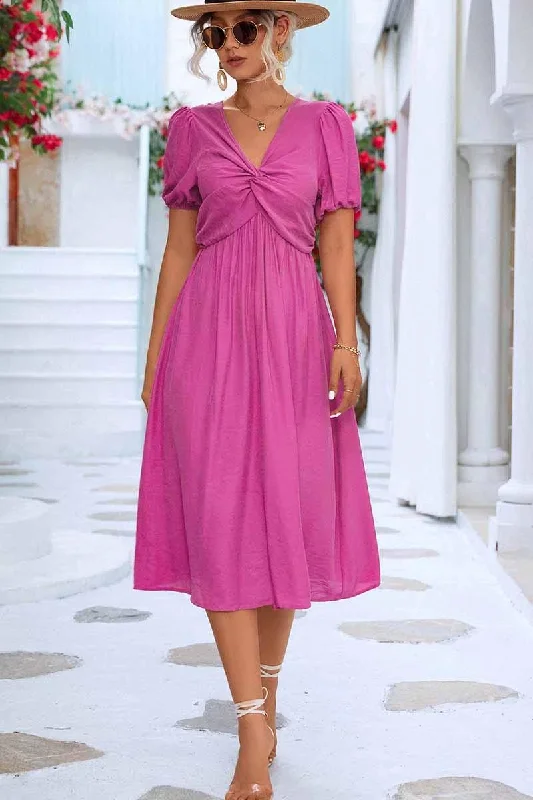 elegant dressKINK V NECK BALLOON SLEEVE RUFFLED MIDI DRESS