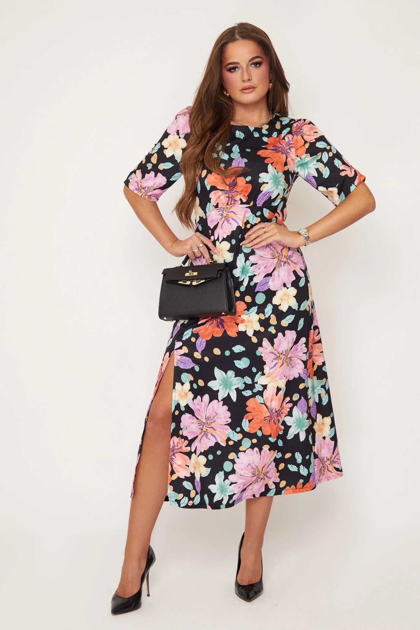 tiered dressPollie Polka Dot Floral Print Midi Dress