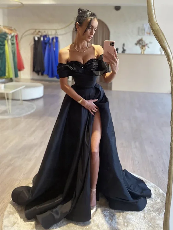 Price Drop Alert vintage dressBlack A-Line Off Shoulder Satin Long Prom Dress Evening Dress,DP799