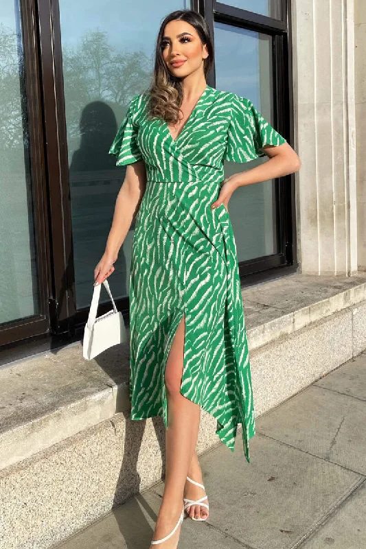 flowy evening dressGretta Green and White Animal Print Midi Dress