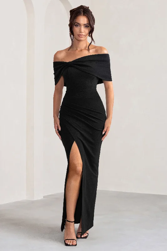 Deal of the Week Eva | Black Bardot Bow Detail Maxi Dress With Thigh Split