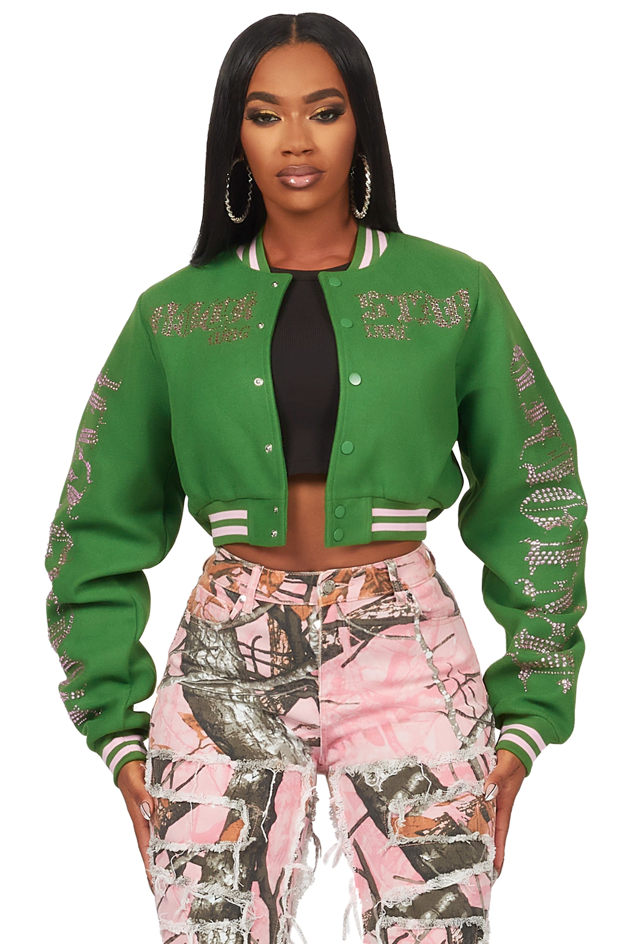 Blowout Deals Gianni Green Crop Rhinestone Varsity Jacket