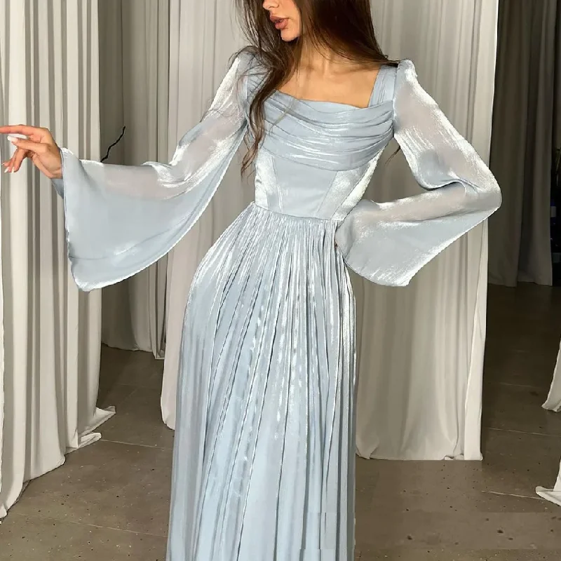 lace-up dressBlue Chiffon Pleated Long Sleeves Elegant A-Line Party Dress, DP2235